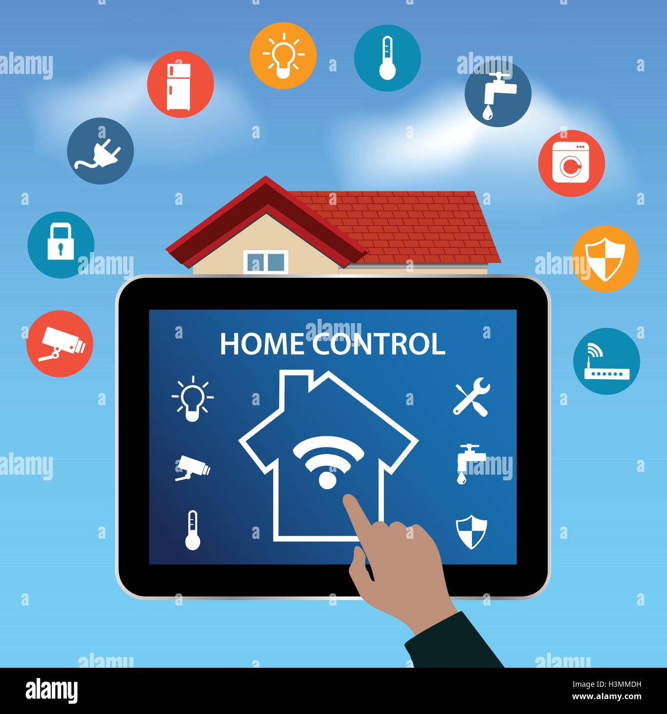 Modern digital Tablet PC with Smart House Apps. Internet of things concept Controlling your home appliances with tablet Stock Vector