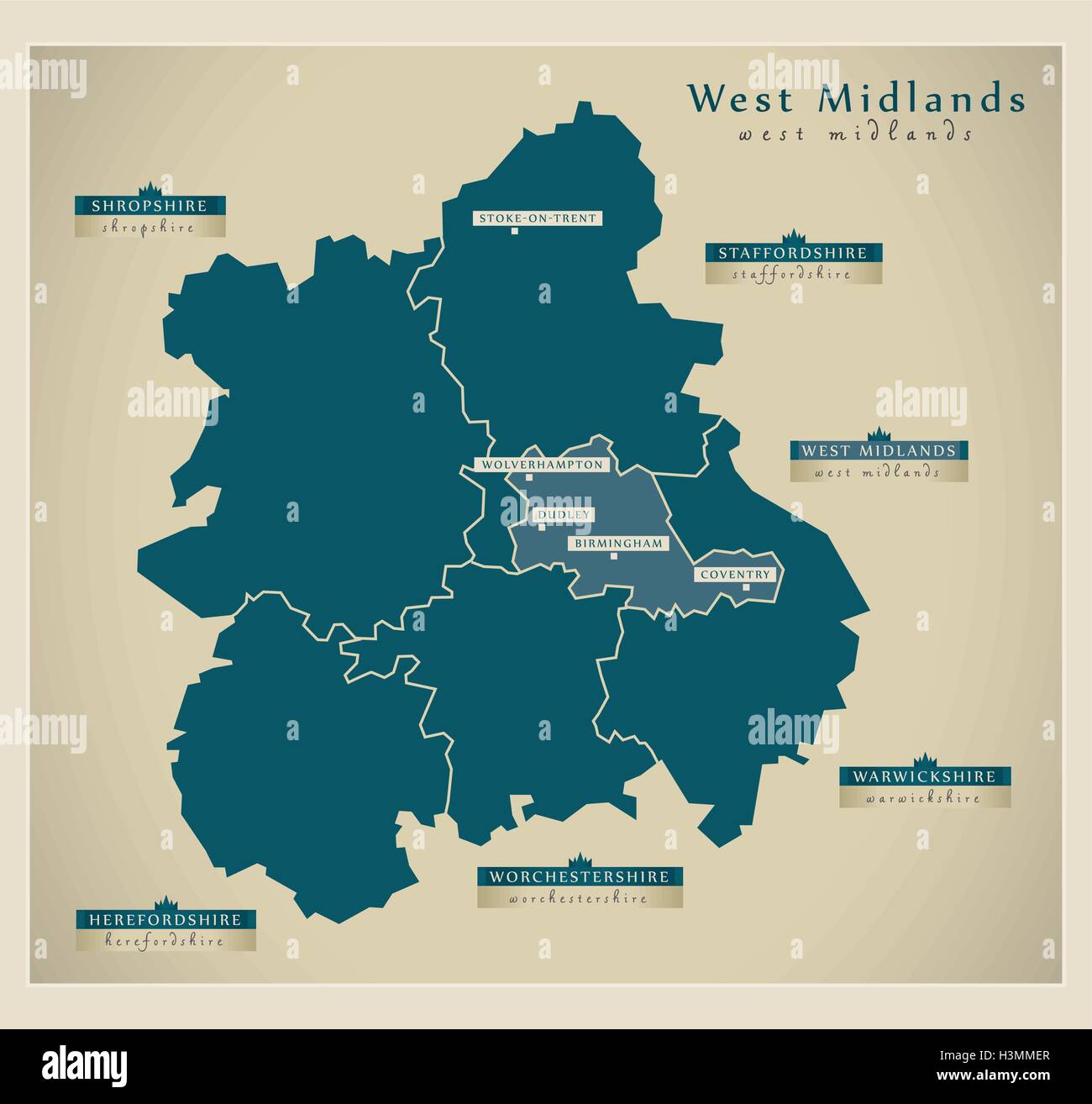 Map Of West Midlands Uk Modern Map - West Midlands Uk Stock Vector Image & Art - Alamy