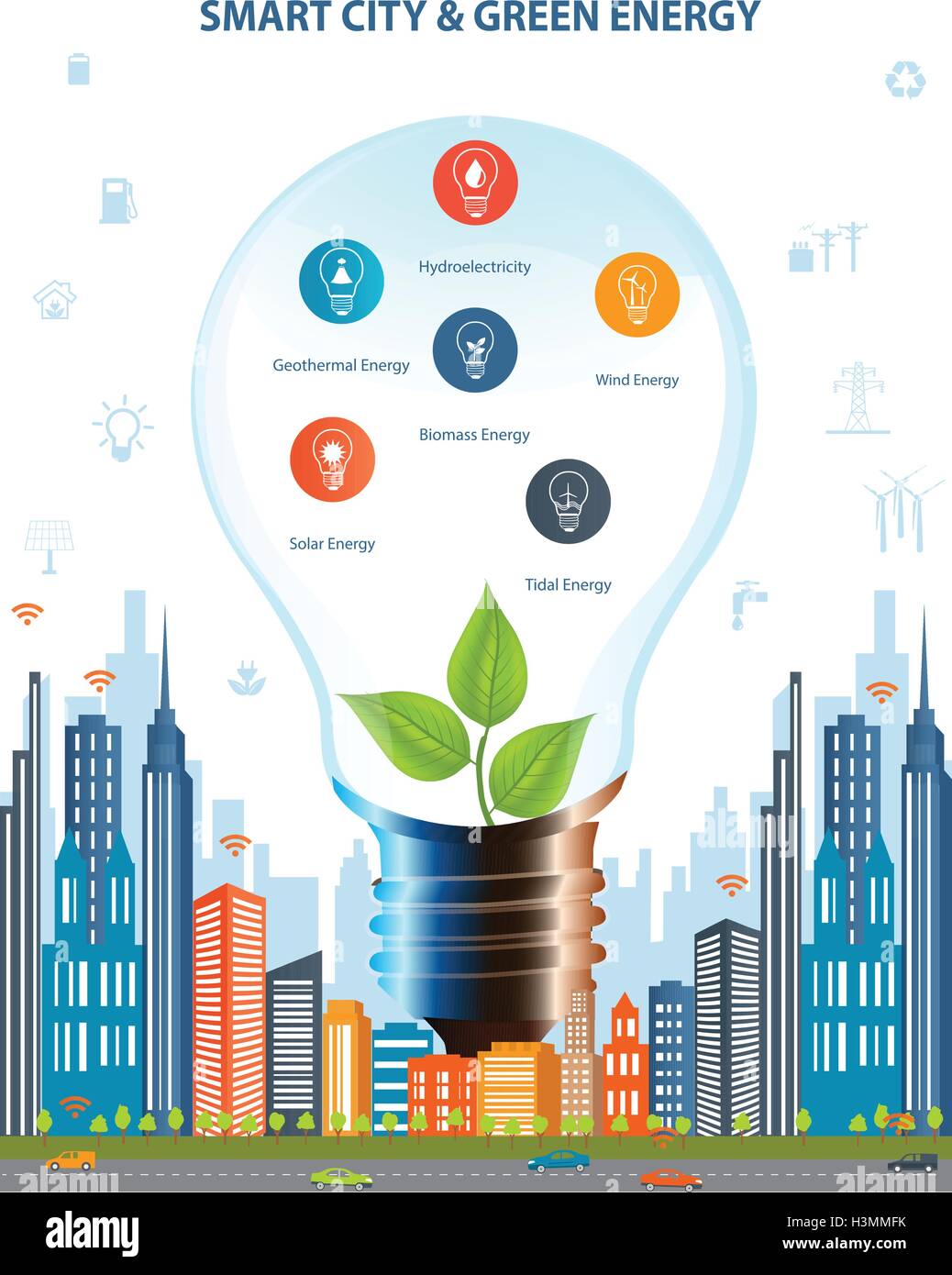 Ecological city concept.Smart city concept and Green energy with different environmental icons. Green city design. Smart city Stock Vector