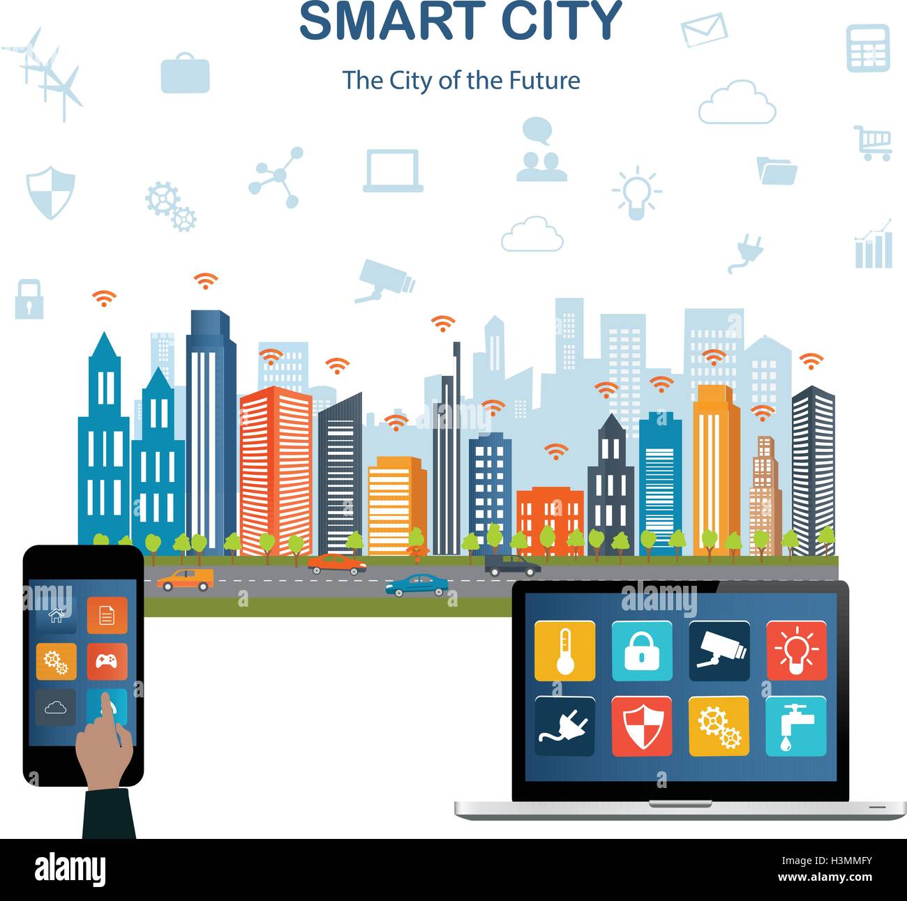 Smart city concept with different icon and elements. Modern city design with  future technology for living. Stock Vector