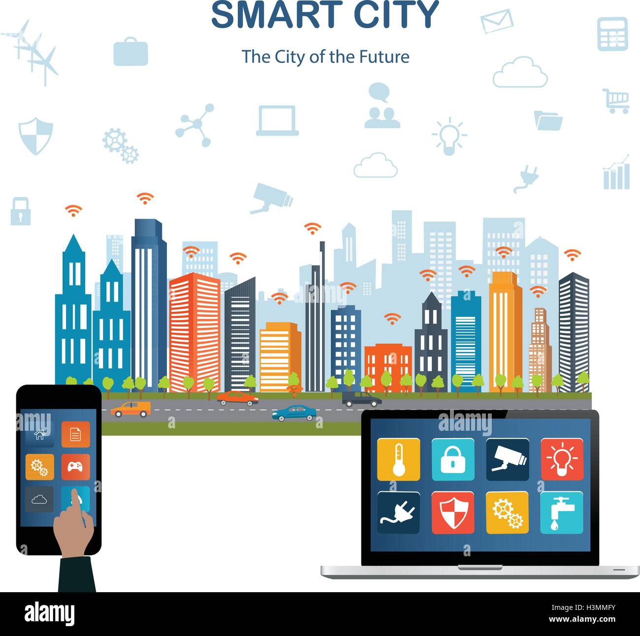 Smart city concept with different icon and elements. Modern city design ...