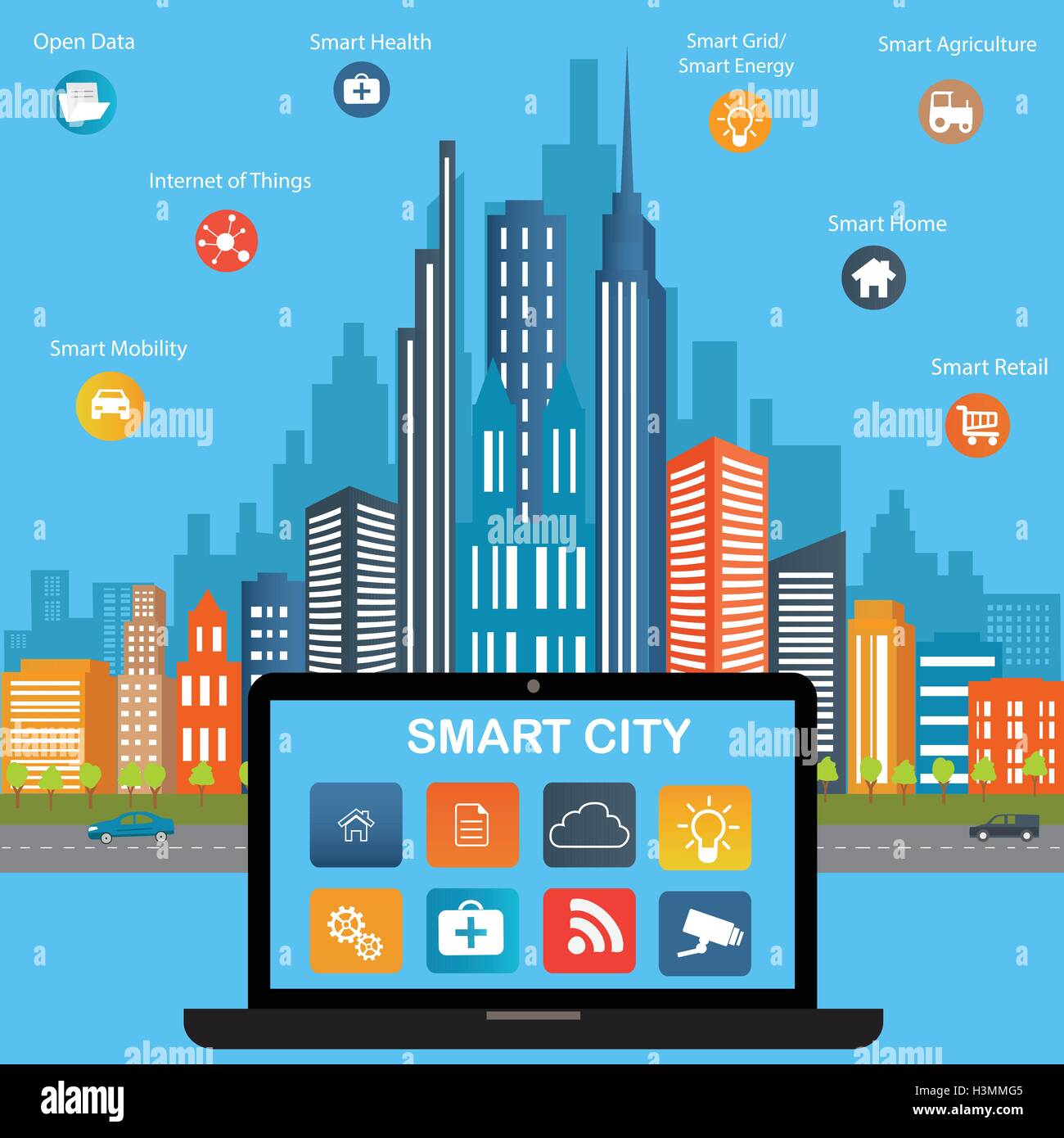 Smart city concept with different icon and elements. Modern city design with  future technology for living. Stock Vector