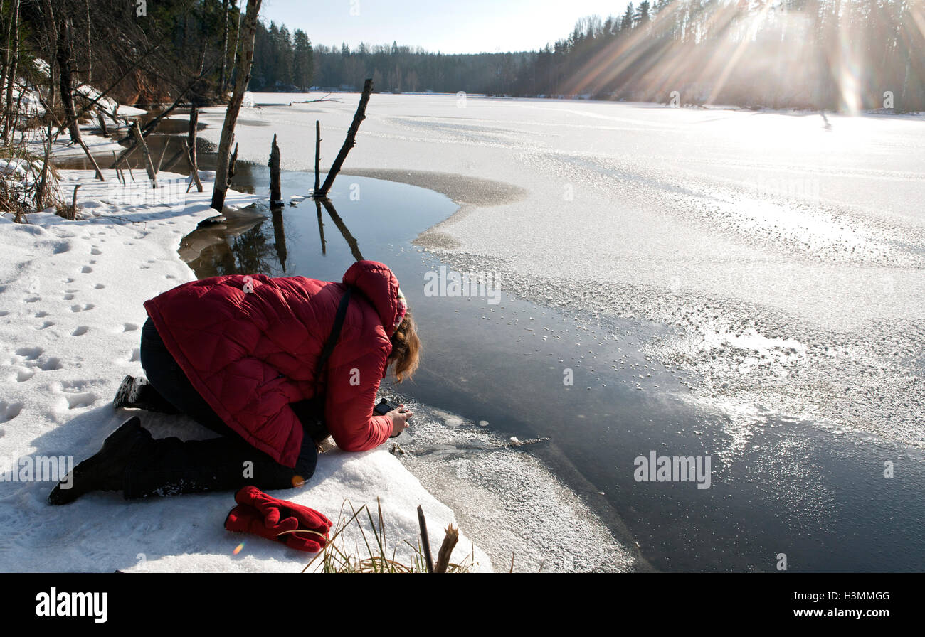 Woman photographing ice in frozen Brasla river in Gauja National Park Vidzeme Latvia Stock Photo