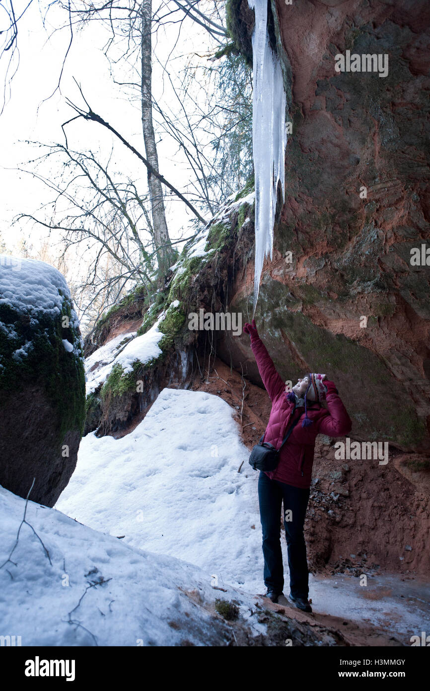 Winter wonders at Krauklkalna cliffs in Gauja National Park Vidzeme Latvia Stock Photo