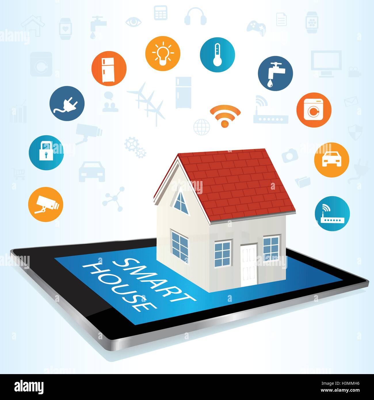 Modern digital tablet PC with Smart House Apps. Internet of things concept Controlling your home appliances with tablet Stock Vector