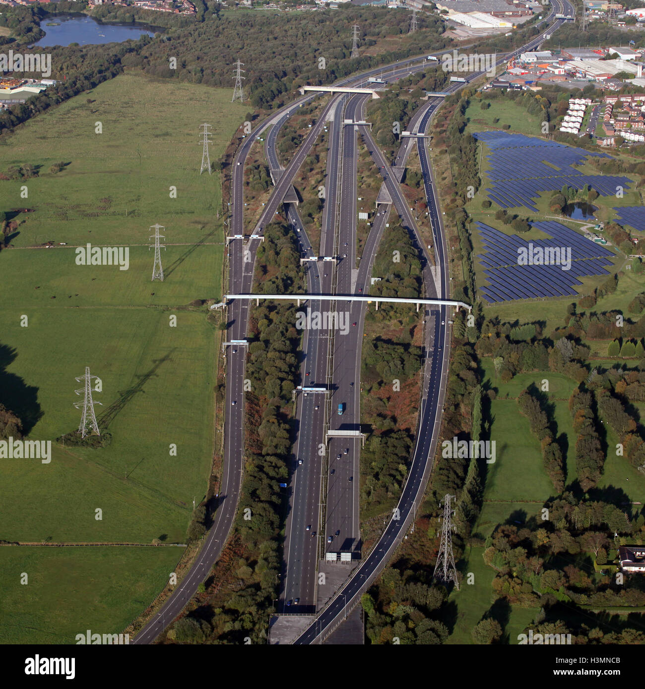 aerial view of Kearsley Junction, J2 of the M61 motorway and A666 near Bolton, UK Stock Photo