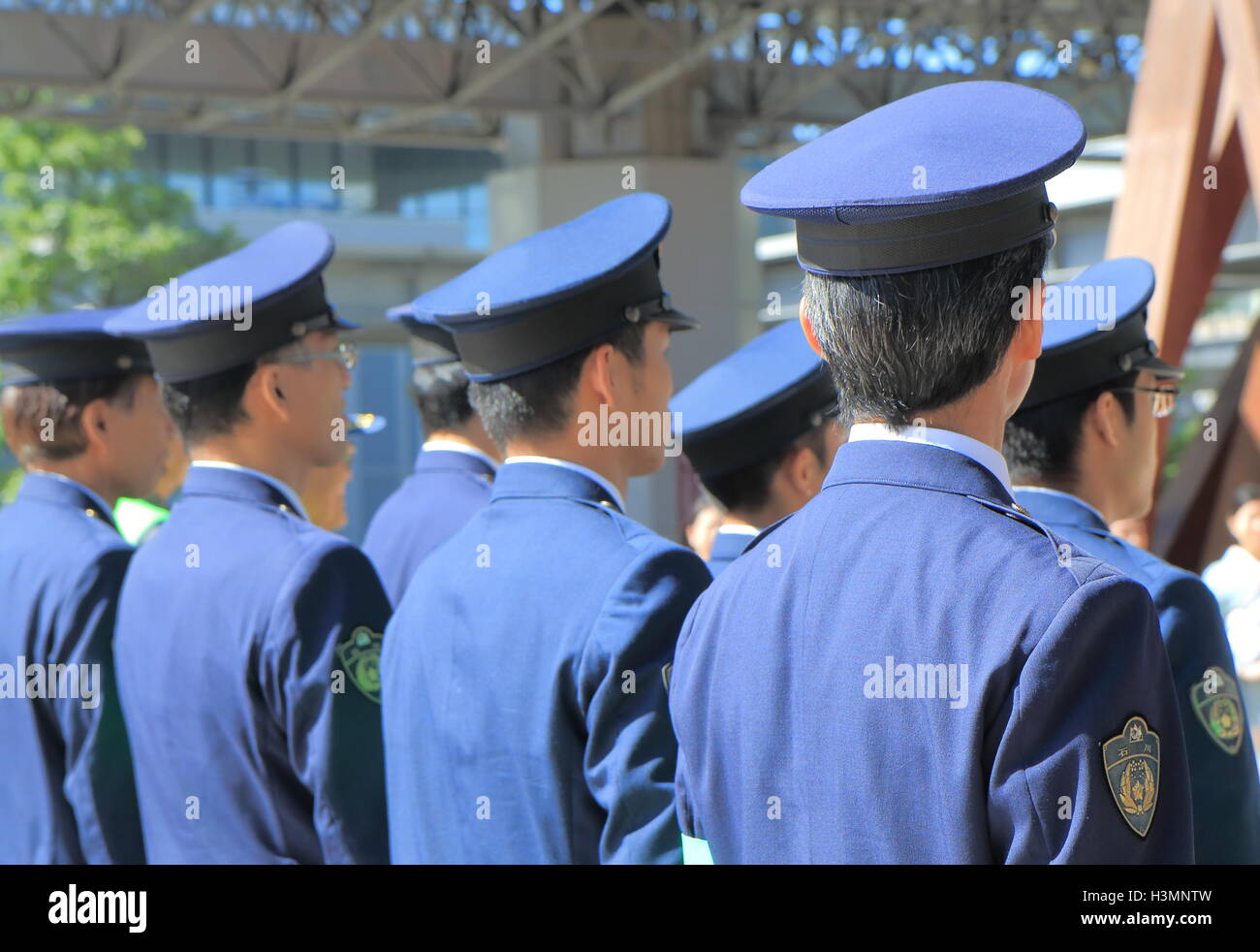 Japanese Police officers attend drive safe campaign at Kanazawa Train Station in Kanazawa Japan. Stock Photo