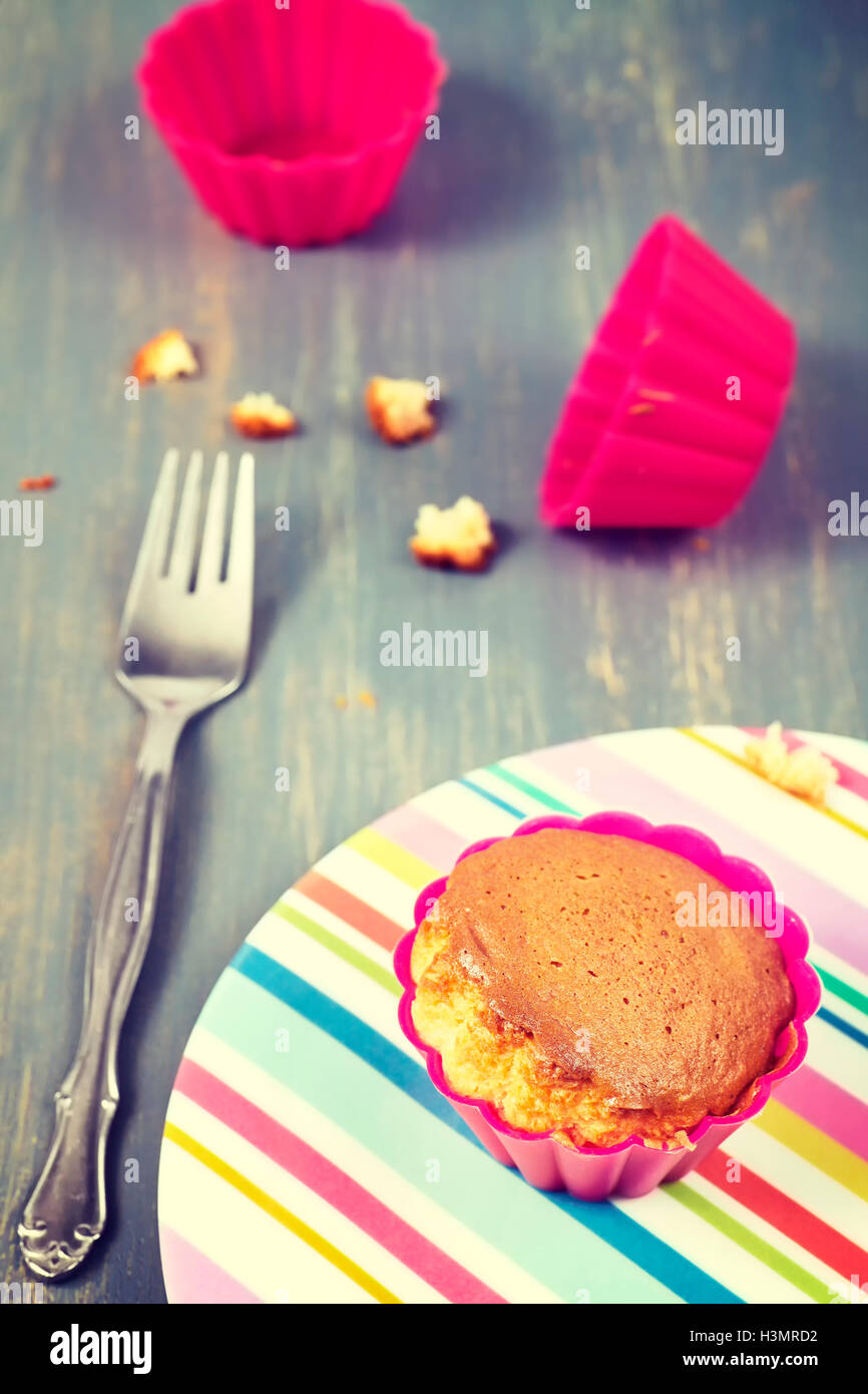Vintage toned homemade muffin cup cake on a plate, shallow depth of