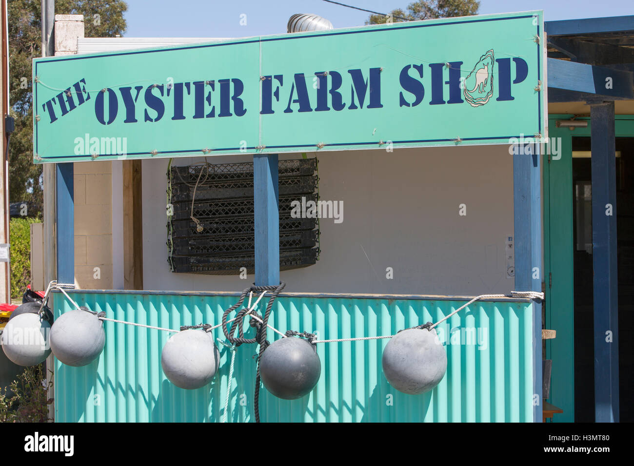Oyster farm shop and restaurant in American River town on Kangaroo island,South Australia Stock Photo