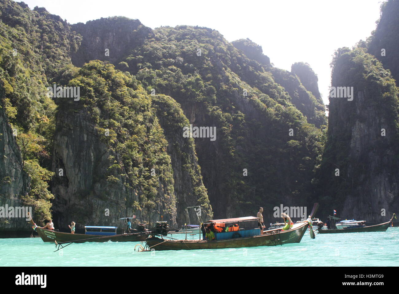Phi Phi island with sea and long tail boats Stock Photo