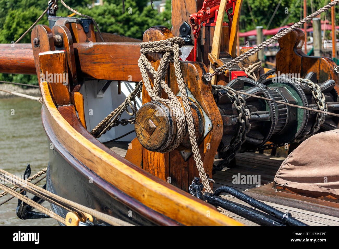 Wind and Bow Sprit of a historical Sailing Ship in the Port of Hamburg, Germany Stock Photo