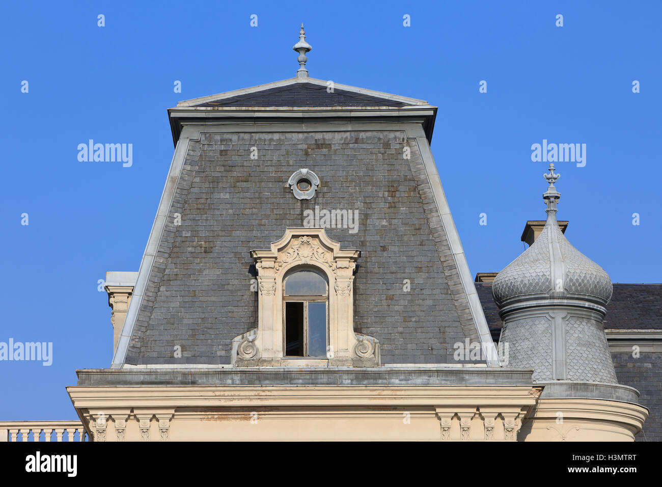 Closeup of the mansard rooftop of the Festetics Palace (1745) in Keszthely, Hungary Stock Photo