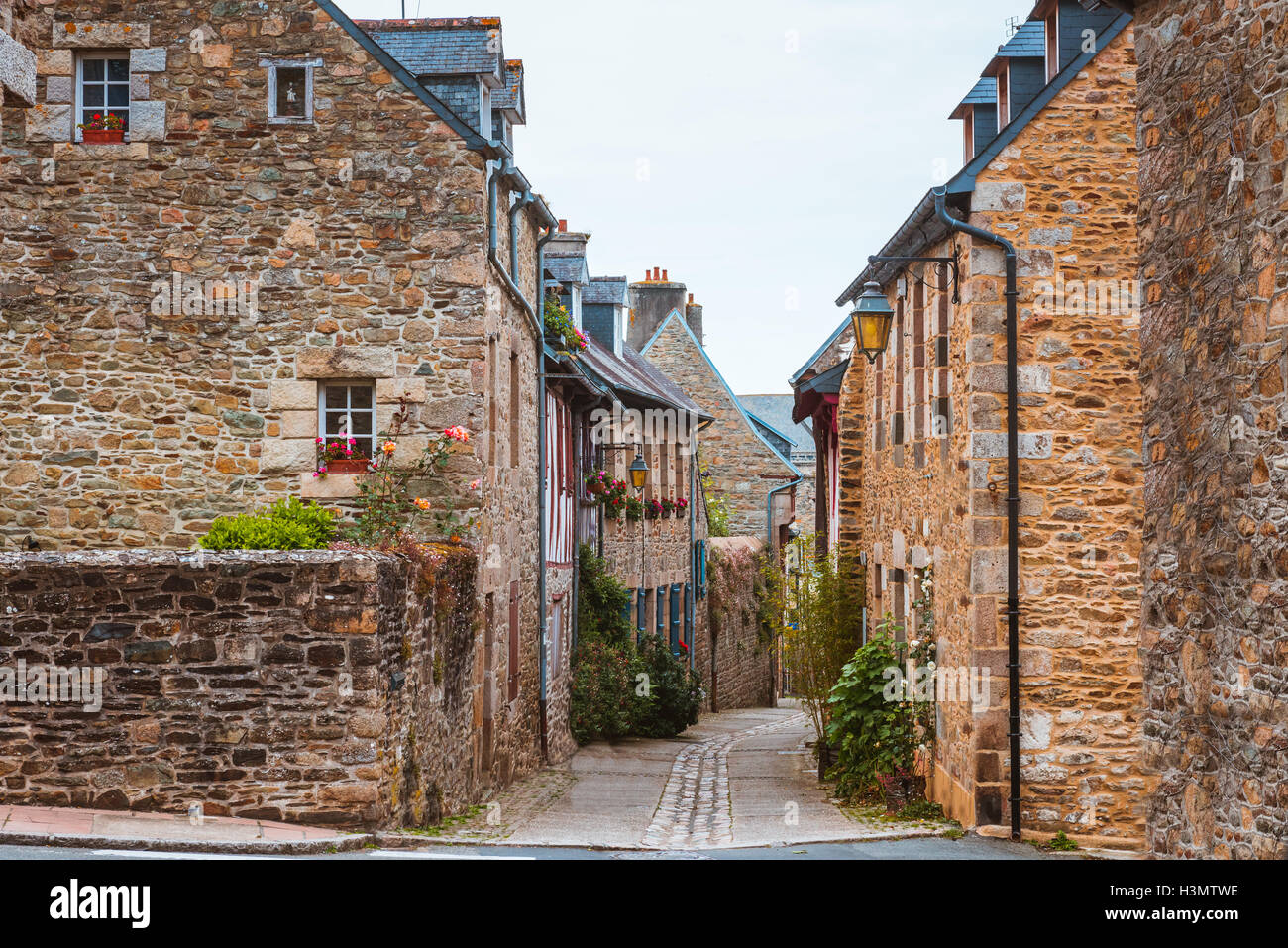 street in old Breton Brittany town Treguier, France Stock Photo