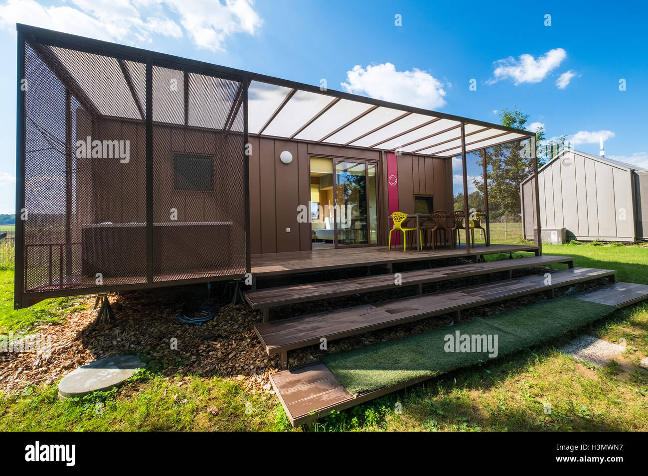 Mobile home in the gardens at Big Berry lifestyle glamping resort at Kolpa river Slovenia Stock Photo