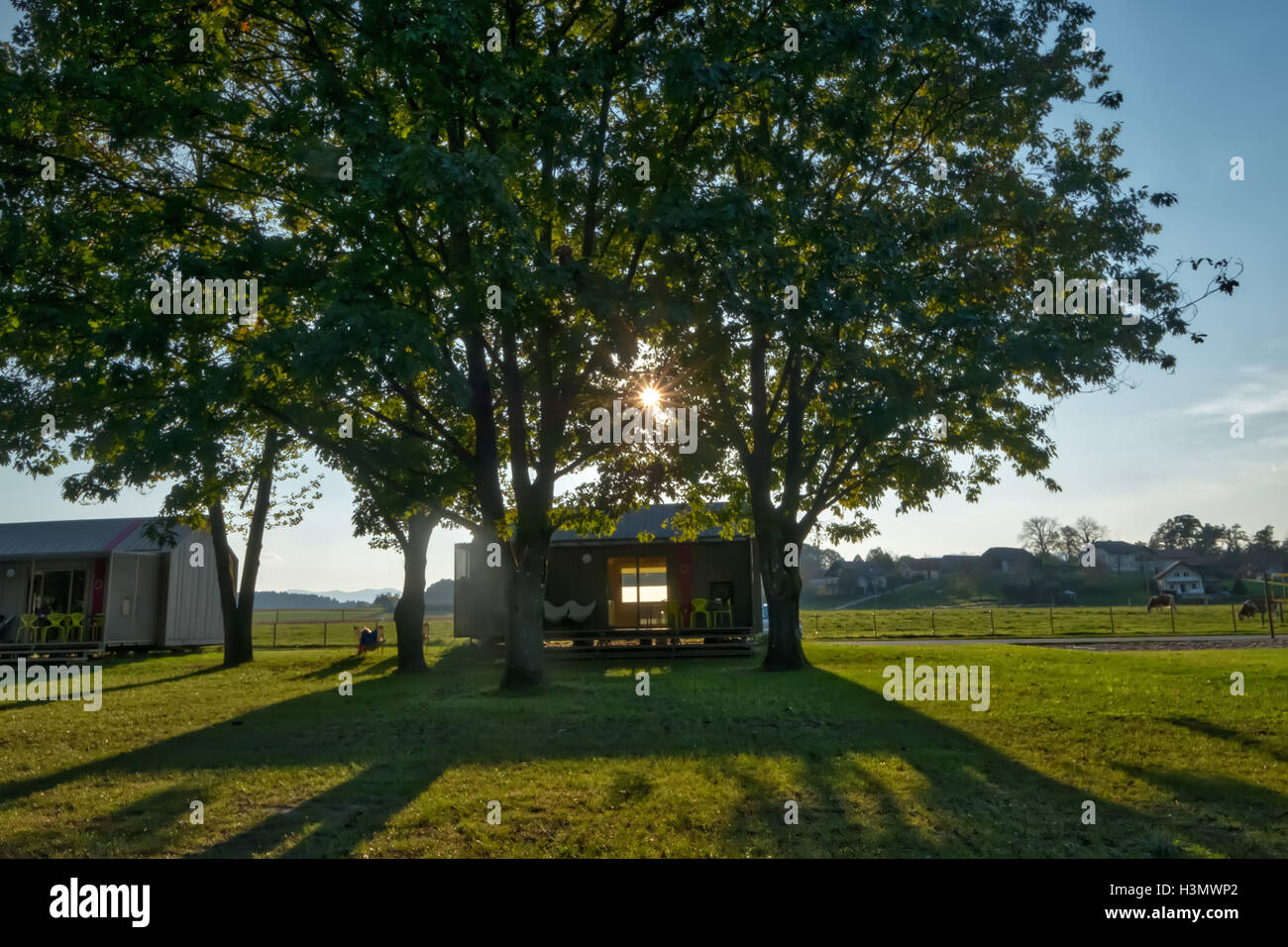 Mobile home in the gardens at Big Berry lifestyle glamping resort at Kolpa river Slovenia Stock Photo