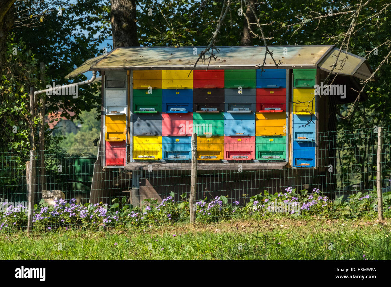 Painted bee house , Slovenia Stock Photo