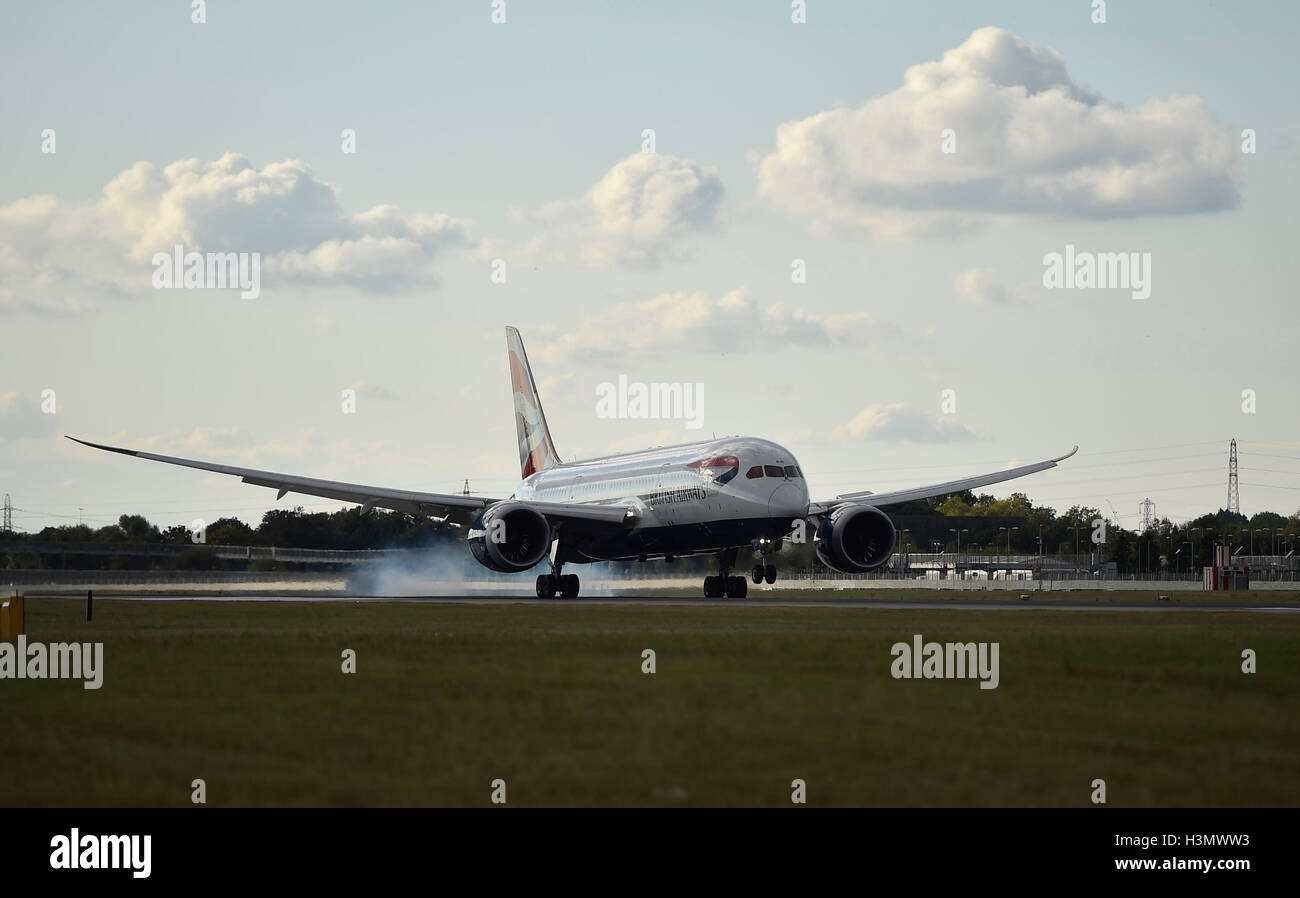 A general view a British Airways aircraft landing at London's Heathrow Airport. Stock Photo