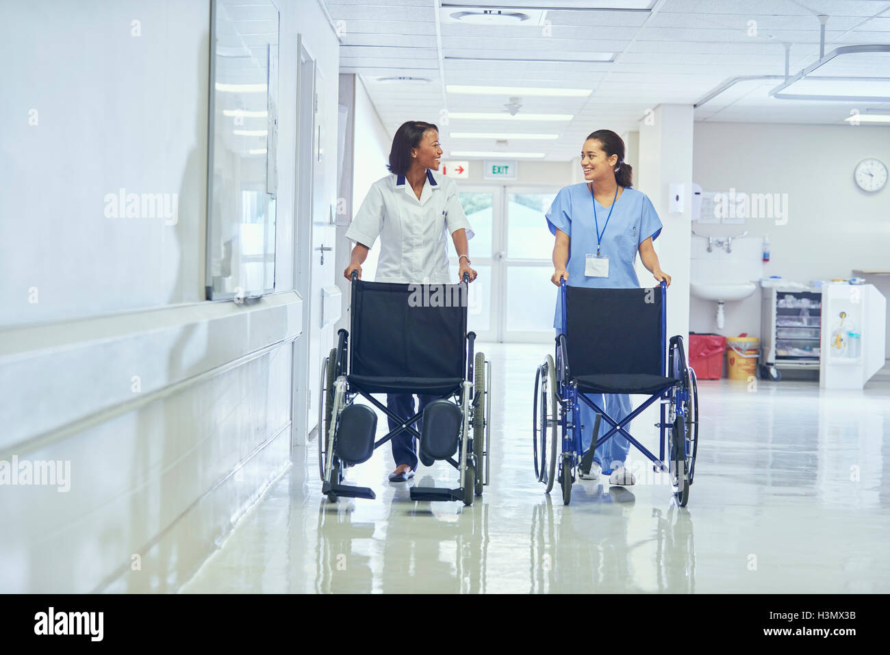 Female orderlies pushing wheelchairs along hospital corridor Stock Photo