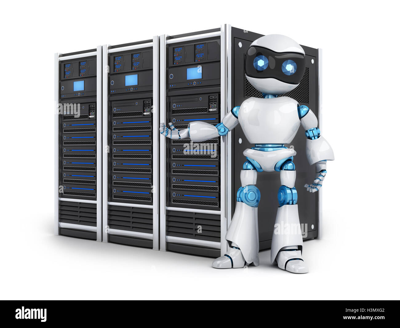 Robot and three server on white background (done in 3d rendering) Stock Photo