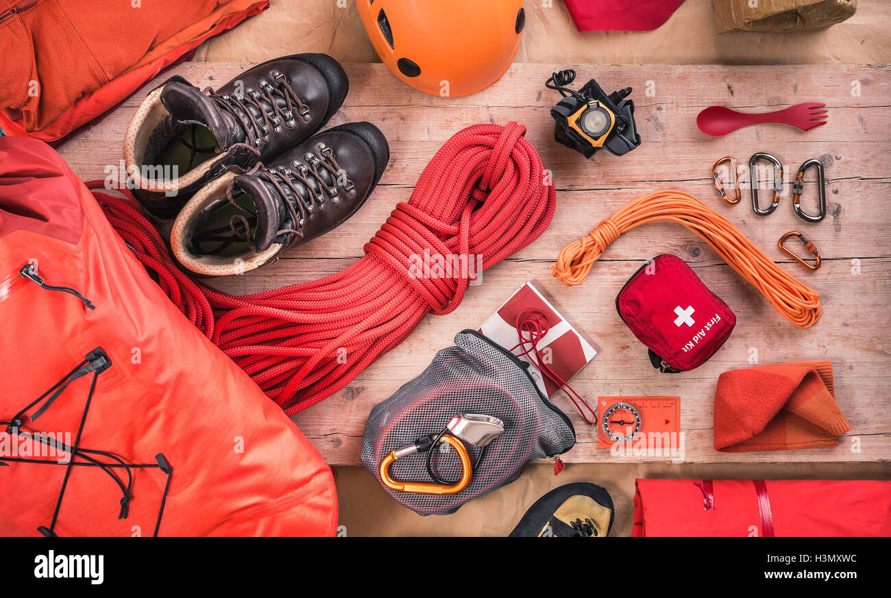 Overhead view of climbing equipment with climbing helmet, first aid kit