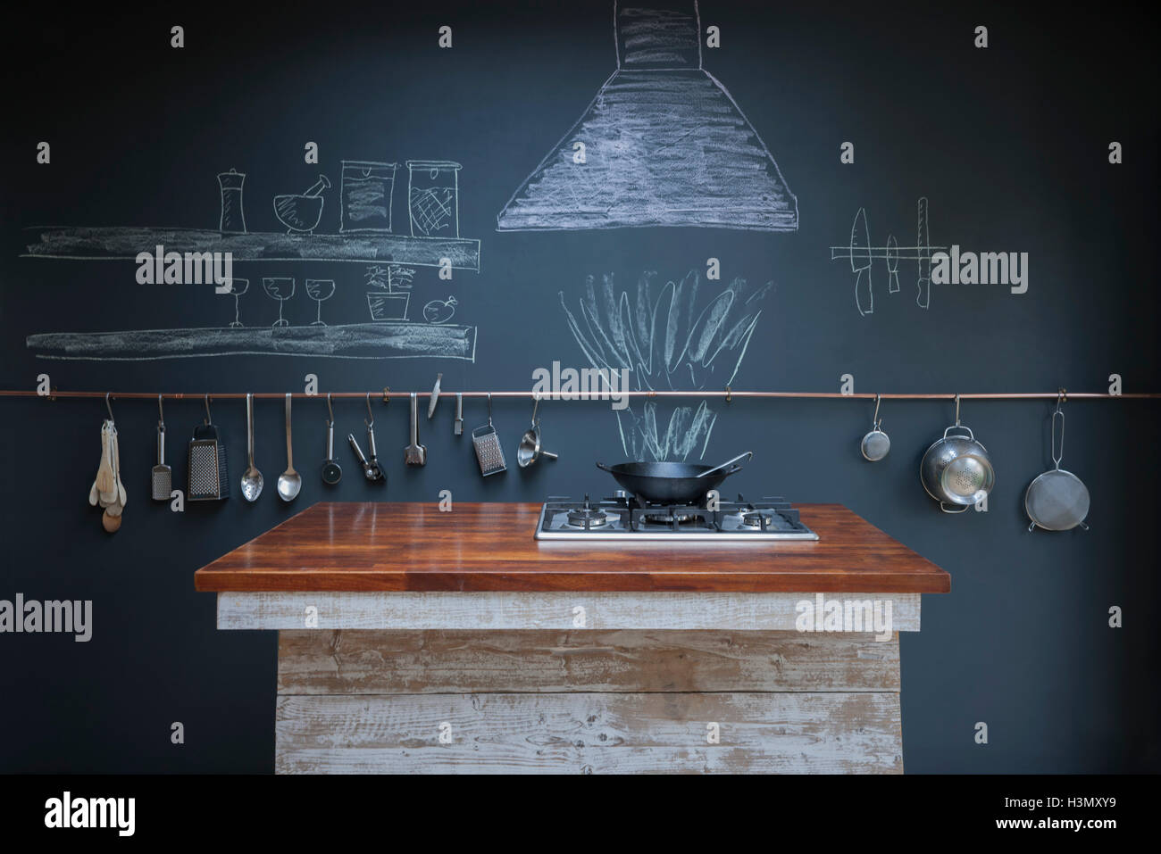 Kitchen with chalkboard wall background Stock Photo Alamy