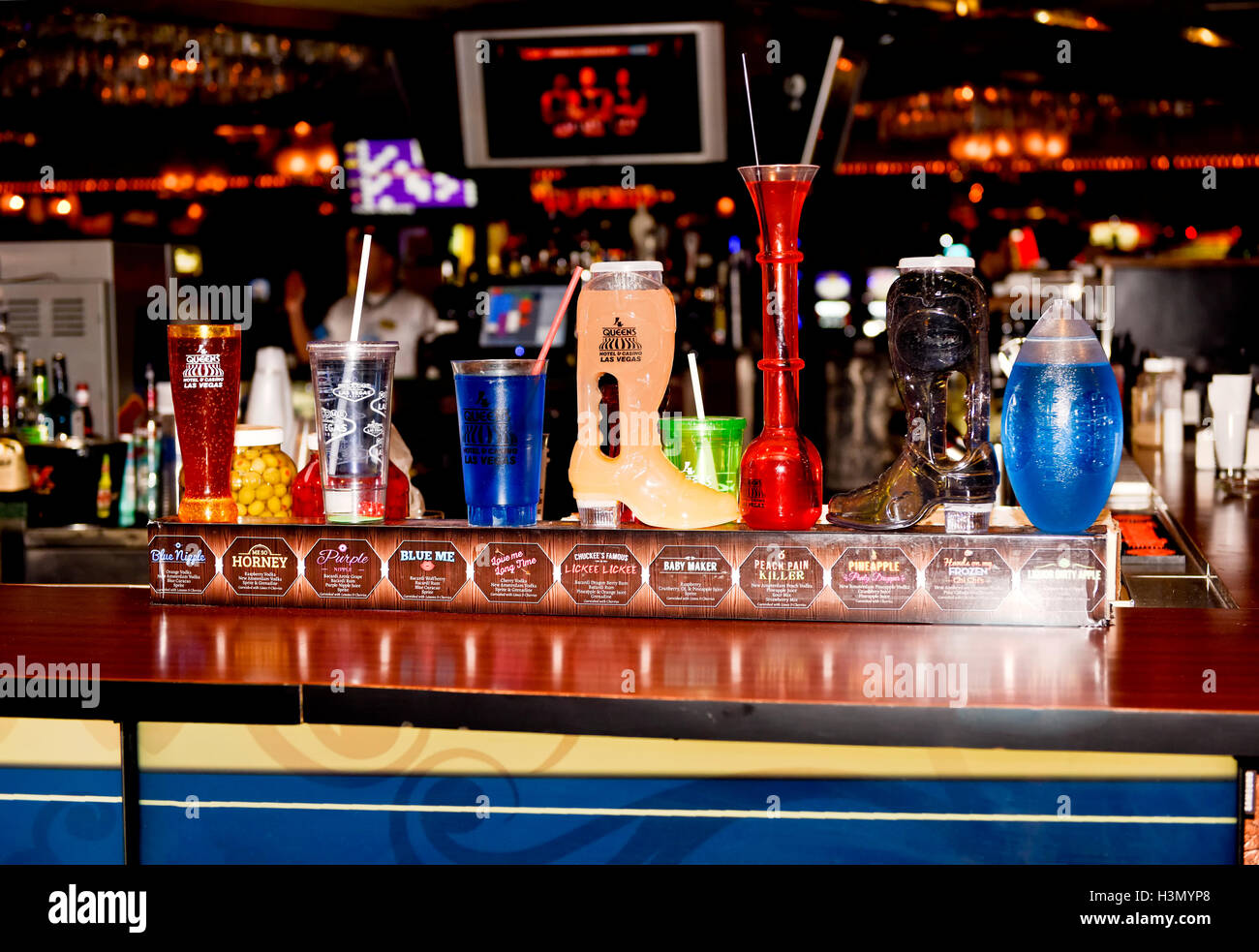 A bar with sample drinks along Fremont Street downtown Las Vegas Stock Photo