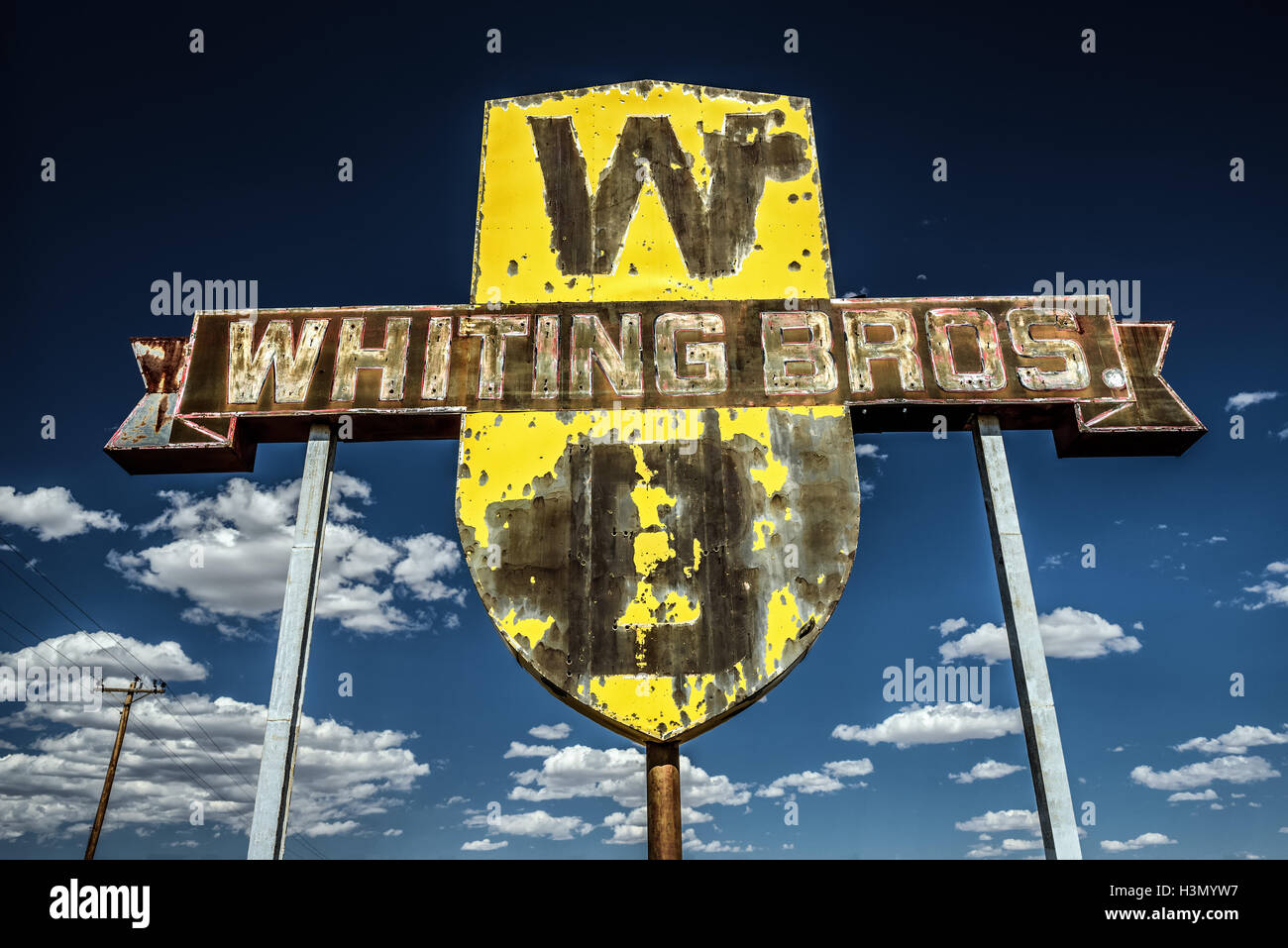 Vintage Whiting Bros. sign on historic Route 66 in New Mexico. Stock Photo