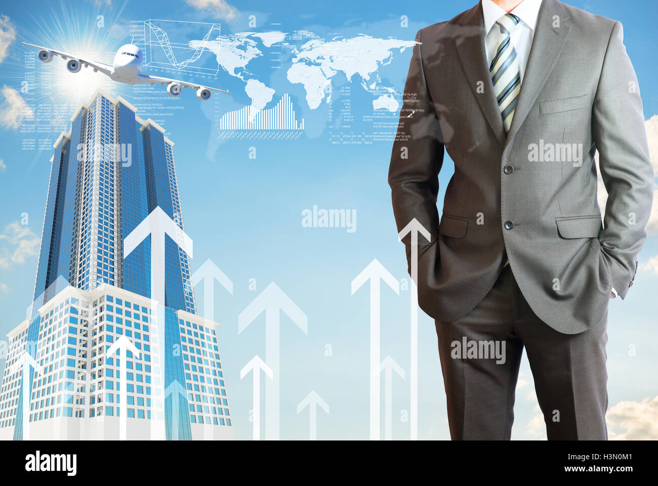 Man with the background of airplane and skyscraper Stock Photo - Alamy