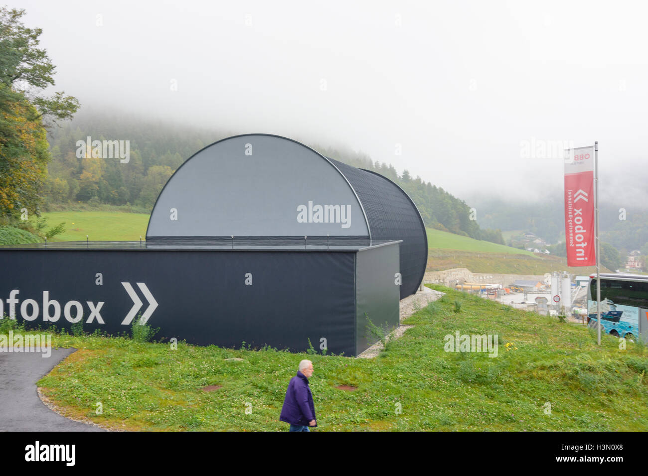 Gloggnitz: construction of Semmering Base Tunnel: Infobox Gloggnitz, Wiener Alpen, Alps, Niederösterreich, Lower Austria, Austri Stock Photo