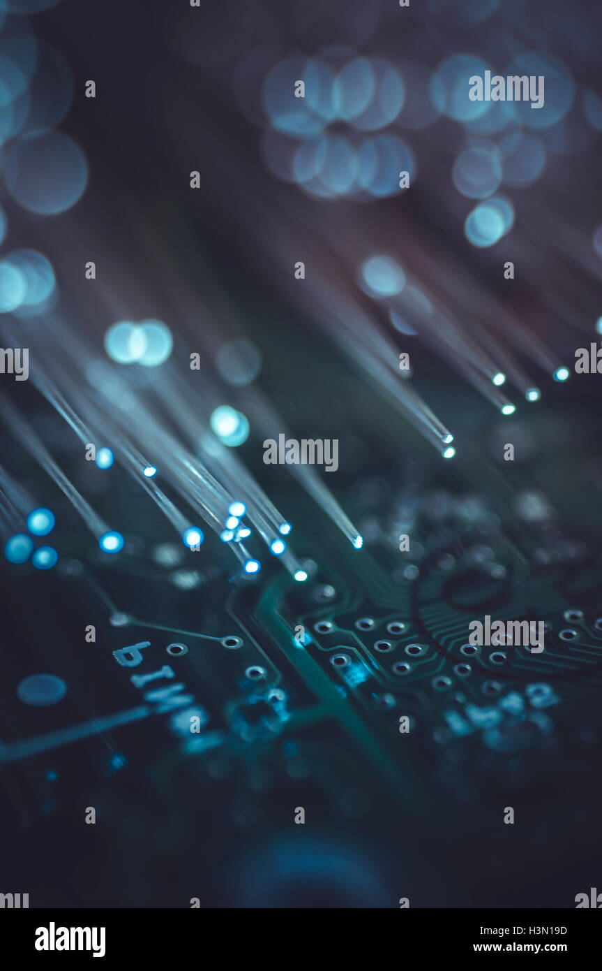 computer plate of chips with fiber optic lights Stock Photo Alamy