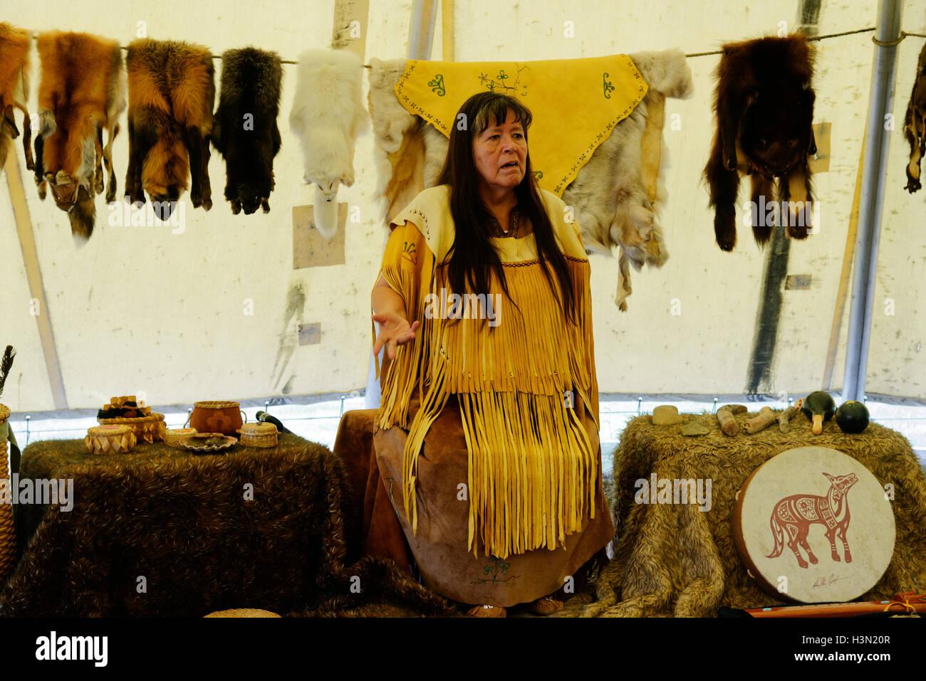 A native american (Micmac) woman speaking in a wigwam, with traditional objects & furs. Kouchibouguac NP New Brunswick Canada Stock Photo