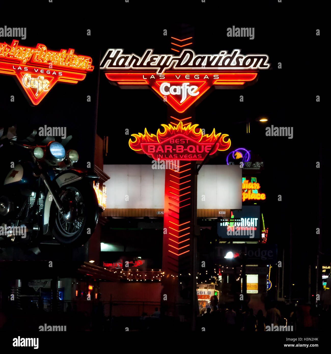 Harley Davidson Cafe at nNght in Las Vegas Stock Photo