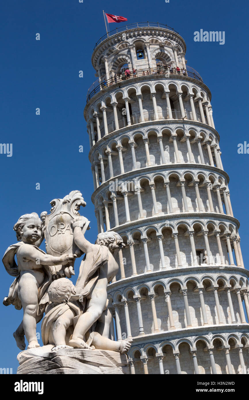 The bell tower of the Cathedral, known as The Leaning Tower of Pisa, is the most famous image of the city of Pisa in Italy. Stock Photo