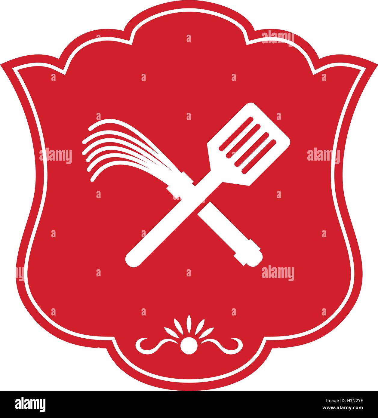 Illustration of a spatula crossed with a flogger whip set inside shield crest done in retro style. Stock Vector