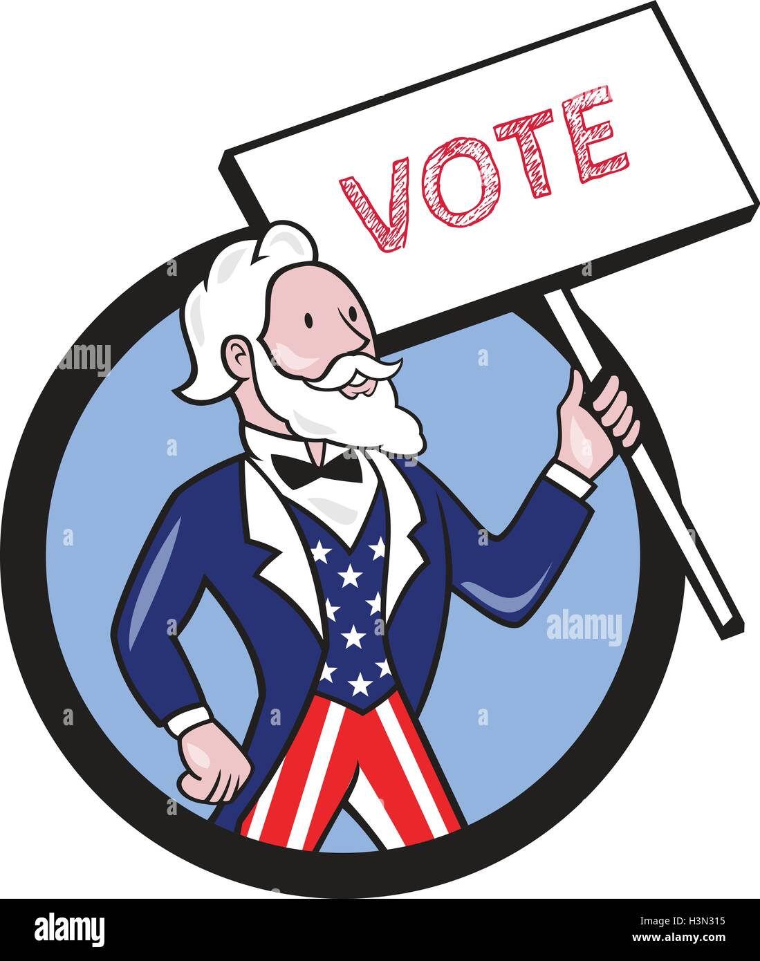 Illustration of Uncle Sam wearing american stars and stripes suit looking to the side holding placard with the word VOTE viewed Stock Vector