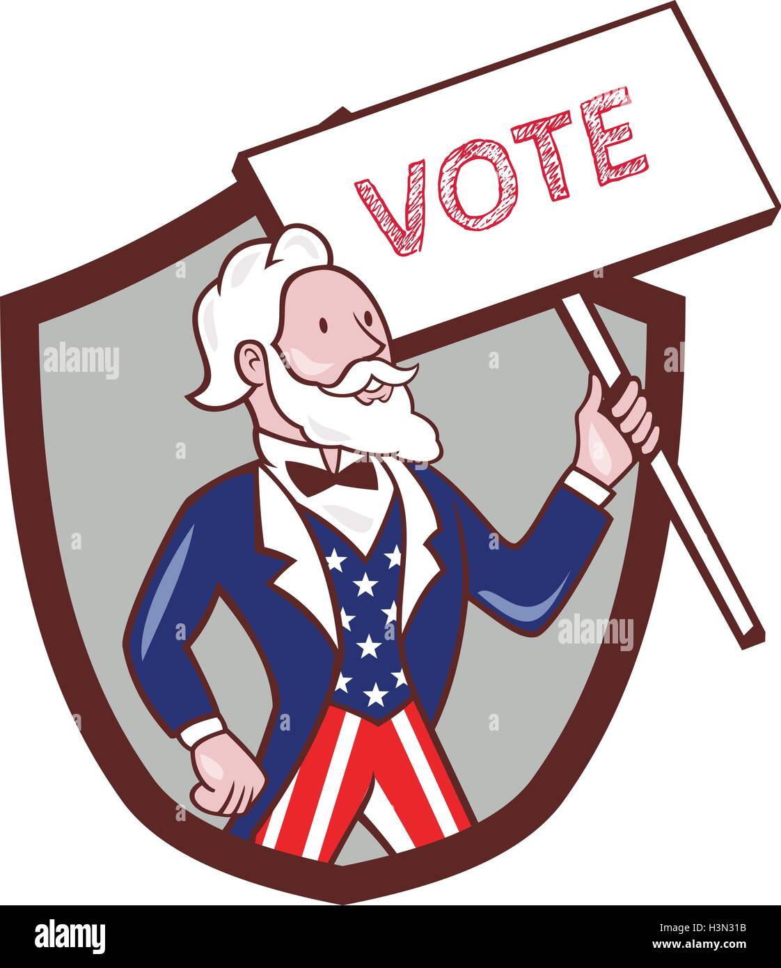 Illustration of Uncle Sam wearing american stars and stripes suit looking to the side holding placard with the word VOTE viewed Stock Vector