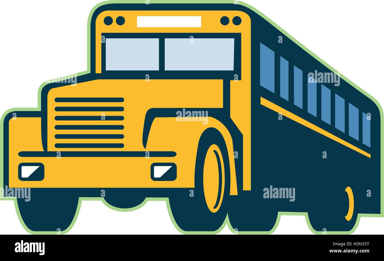 Illlustration of a vintage school bus viewed from front set on isolated white background done in retro style. Stock Vector