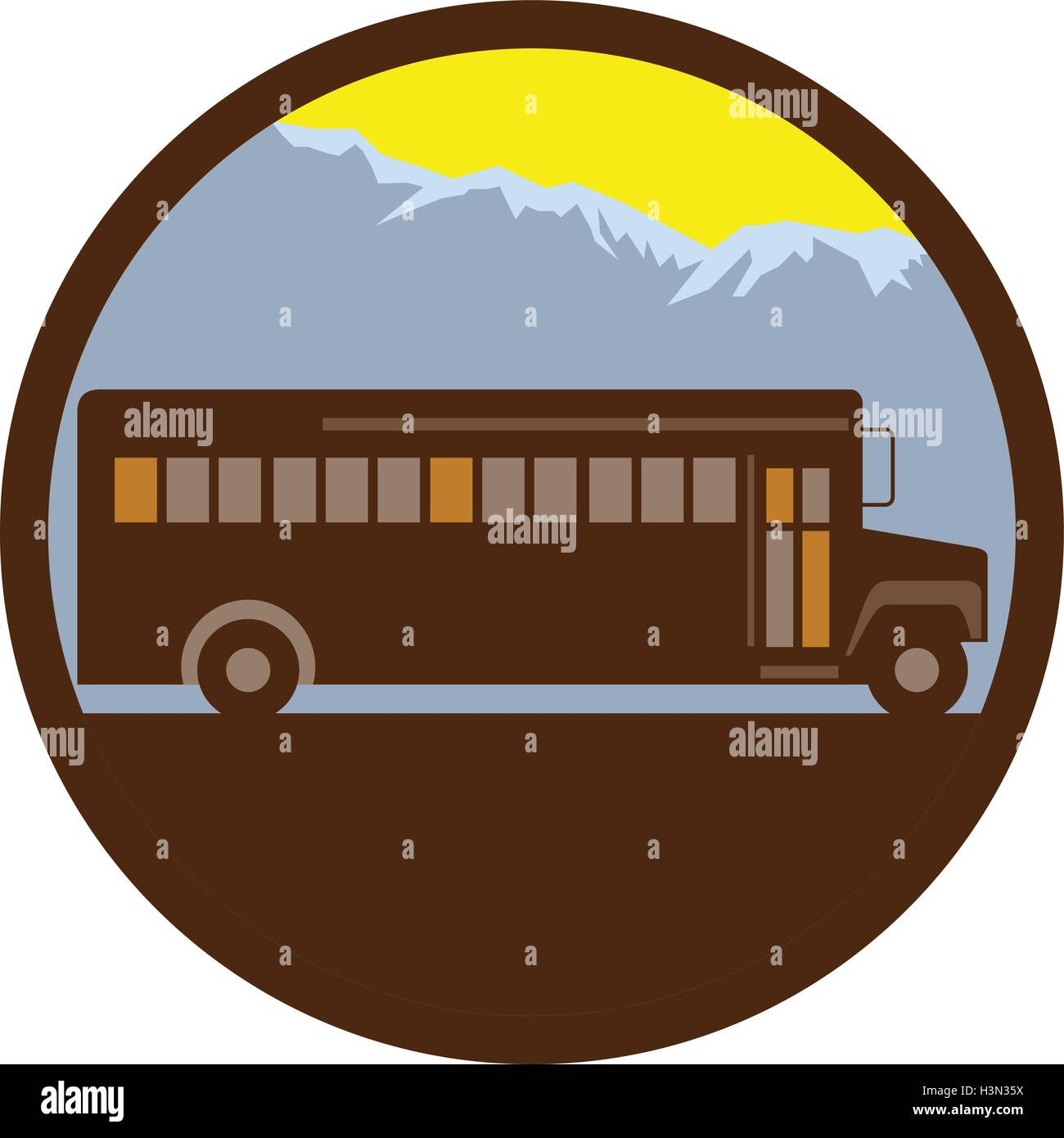 Illlustration of a vintage school bus viewed from the side with mountains in the background set inside circle done in retro style. Stock Vector