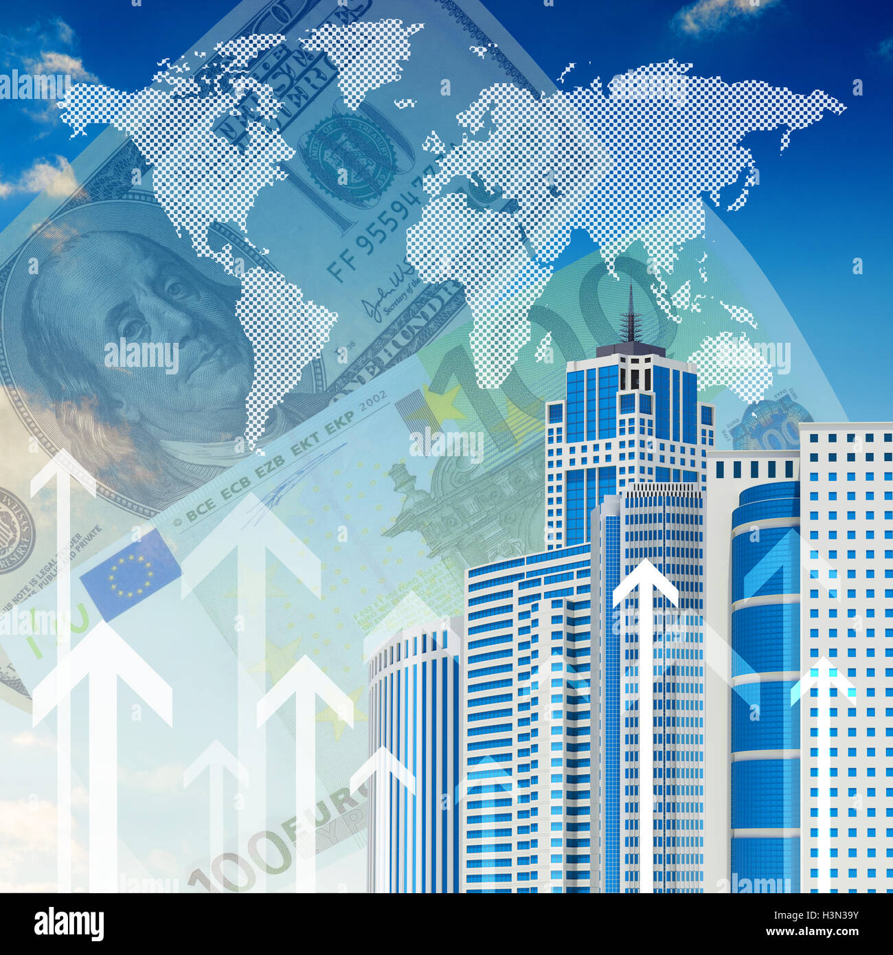 Skyscrapers with background of arrows and money Stock Photo - Alamy