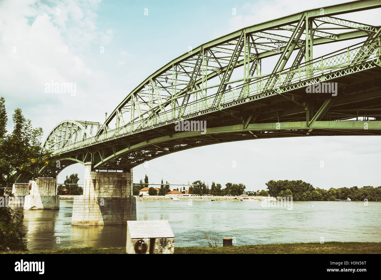Maria Valeria bridge joins Esztergom in Hungary and Sturovo in Slovak republic across the Danube river. Transportation theme. Stock Photo