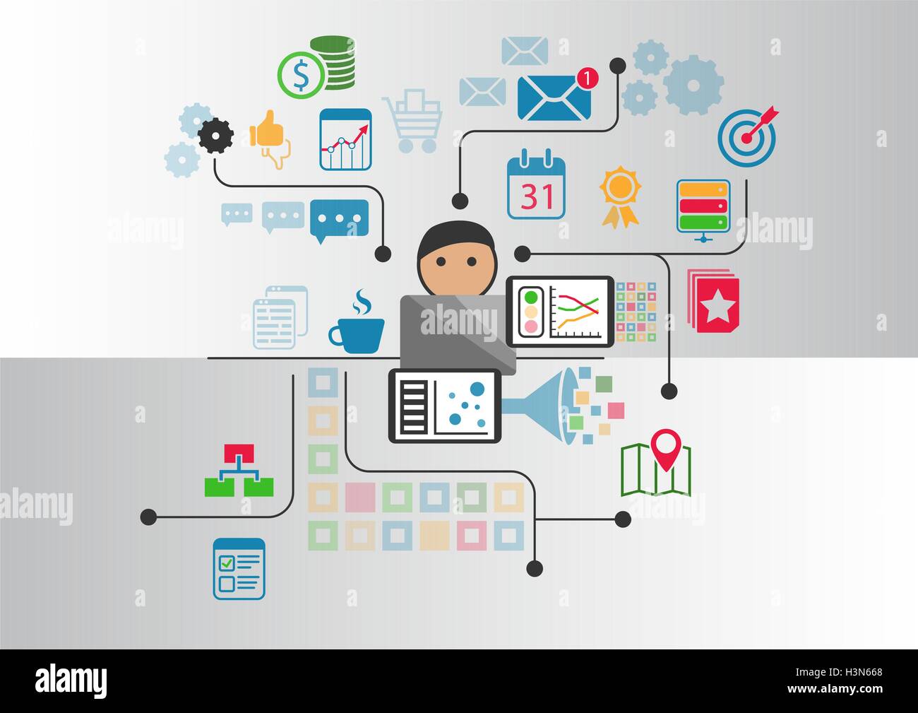 Big data, analytics and business intelligence concept. Cartoon person connected to data and information retrieved from the inter Stock Vector