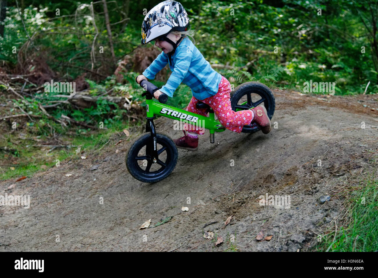 A two year old girl on a balance bike on a pump track. Taken on Leapfrog pump track at Kingdom Trails Vermont Stock Photo