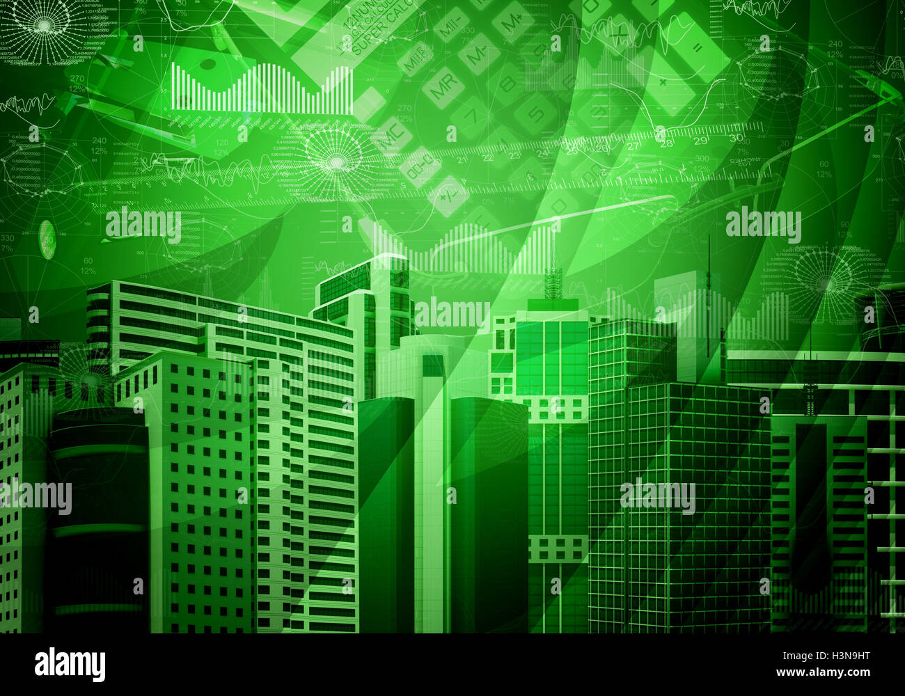 Skyscrapers with background of objects and graphs Stock Photo - Alamy