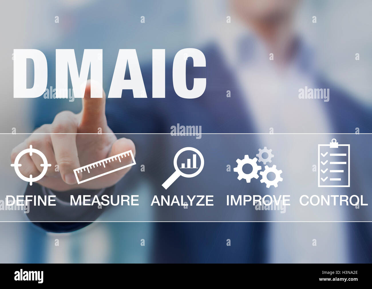 Manager presenting DMAIC continuous improvement tools for process quality Stock Photo