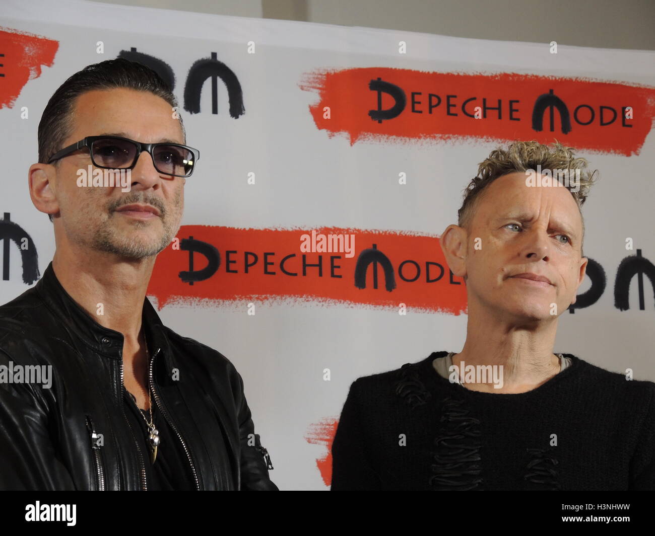 Milan, Italy . 11th October, 2016. Frontman Dave Gahan (L) and guitarist  Martin Gore from Depeche Mode during in a press conference on in Milan,  Italy 11 October 2016. After almost three