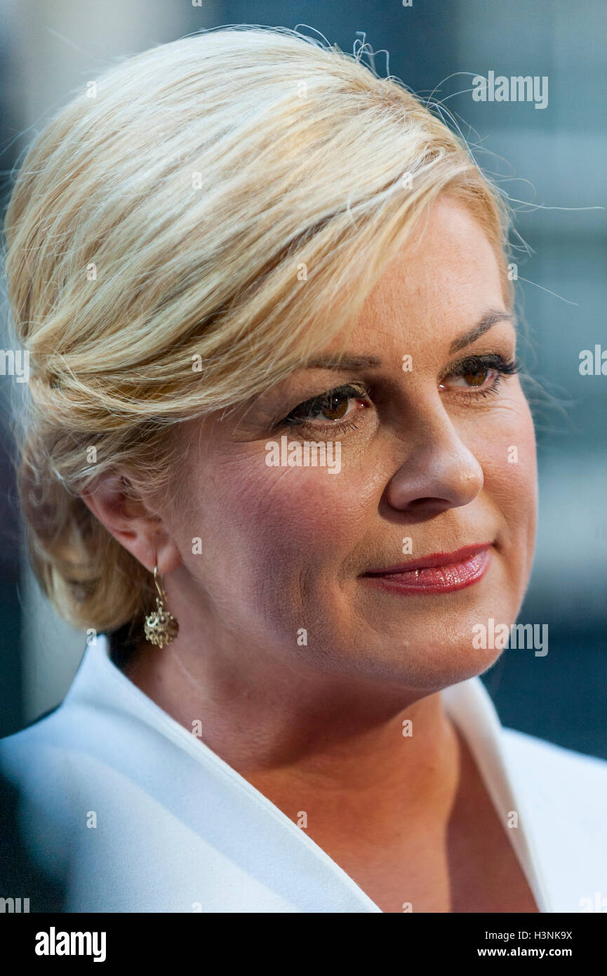 London, UK. 11 October 2016. Kolinda Grabar-Kitarovic, the first woman to  be elected as the Croatian President after the 1990 first multi-party  election, meets the media after visiting Theresa May, Prime Minister