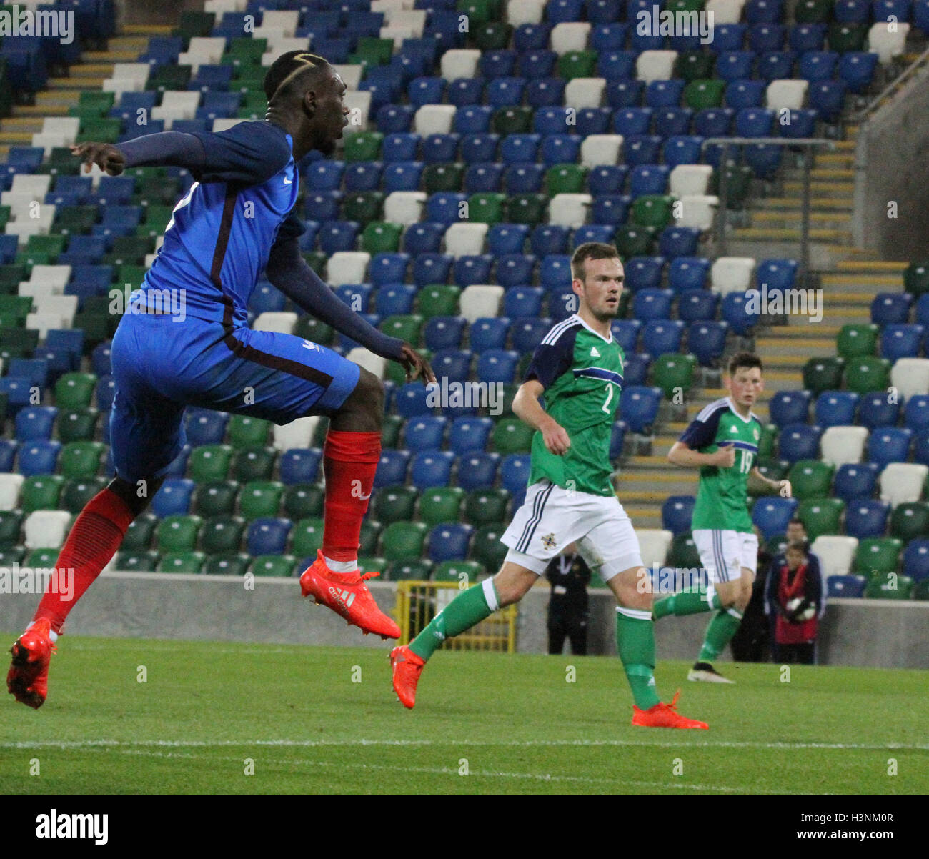 National Football Stadium at Windsor Park, Belfast, Northern Ireland. 11 Oct 2016.France's Jean-Kevin Augustin fires in his second goal. David Hunter/Alamy Live News. Stock Photo