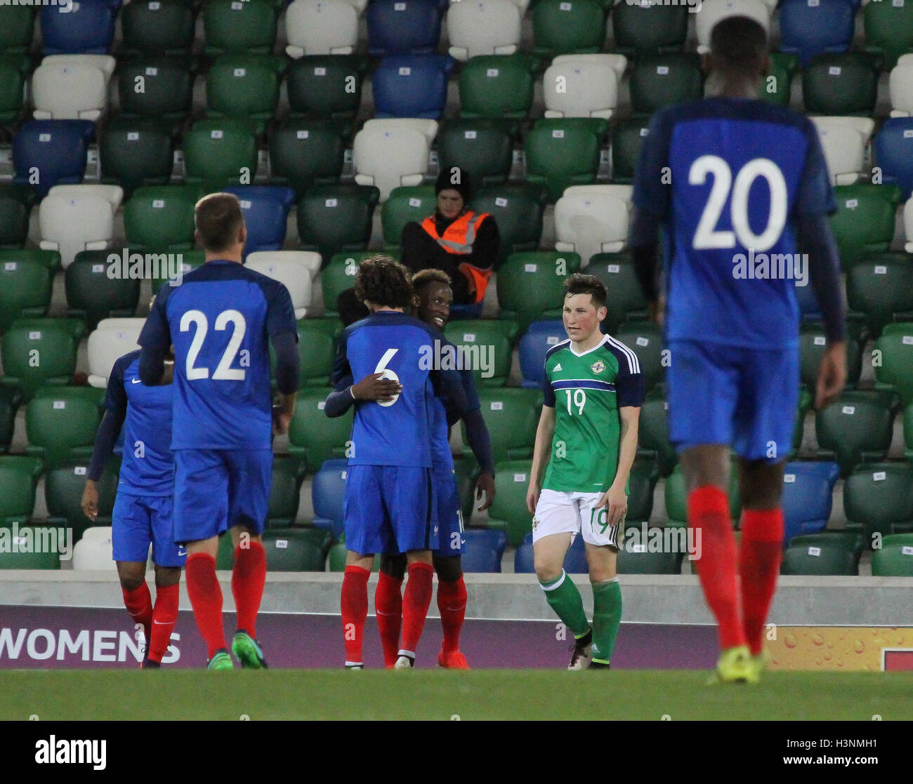 National Football Stadium at Windsor Park, Belfast, Northern Ireland, 11 Oct 2016. Moussa Dembele is congratulated by Adrien Rabiot (6) after scoring France's third goal in the 0-3 win. David Hunter/Alamy Live News. Stock Photo