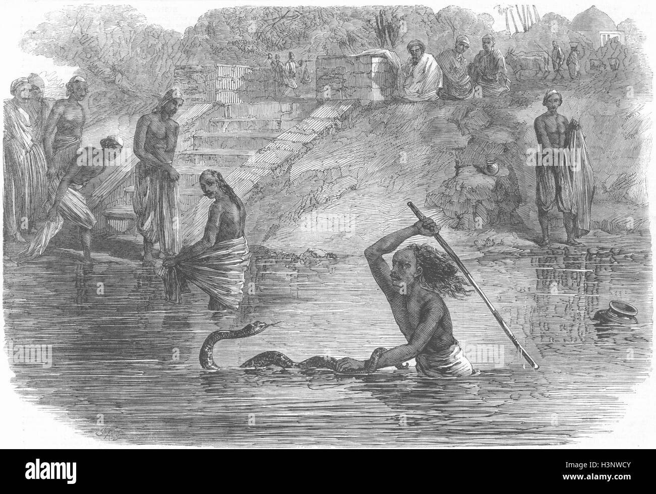 INDIA Hindu bathers, river Yamuna surprised, snake 1864. Illustrated London News Stock Photo