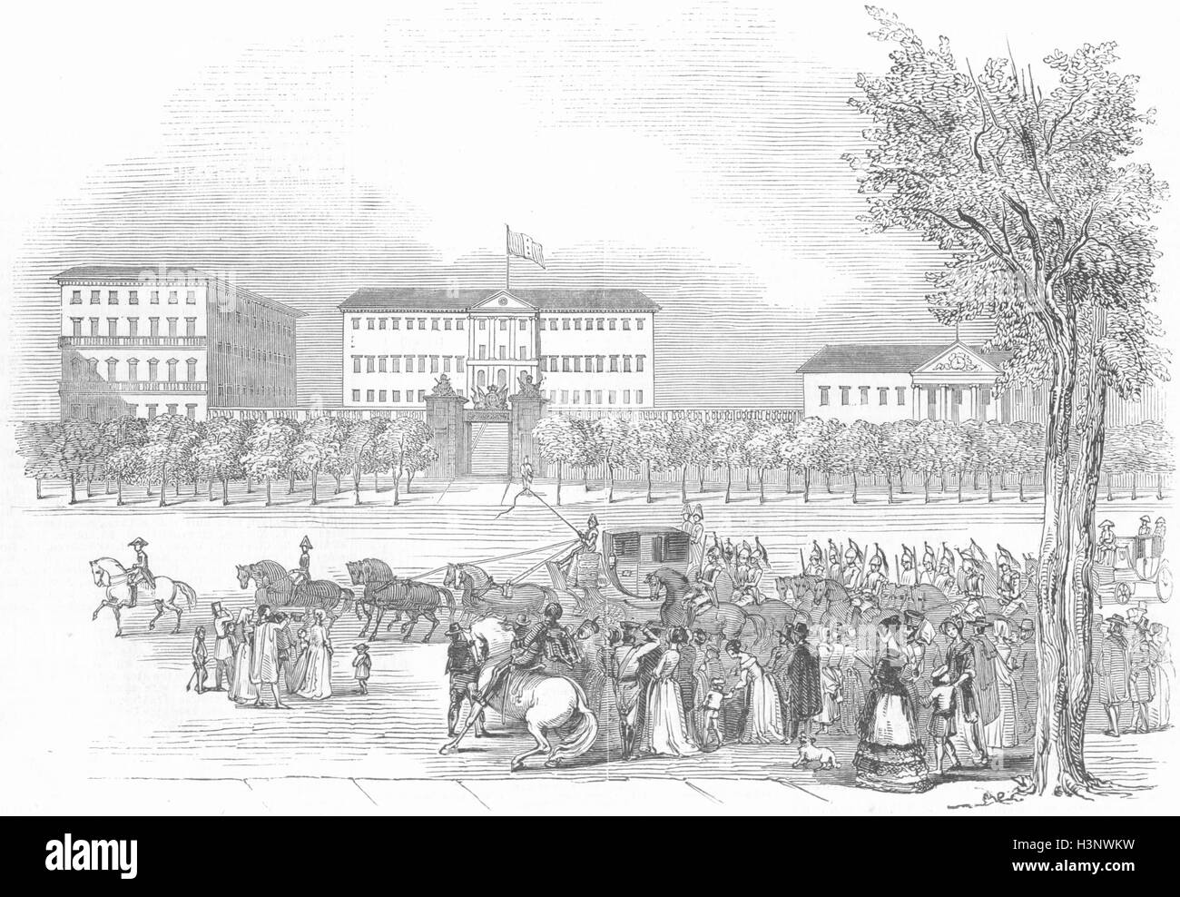 MADRID Queen passing La Buena Vista, in Alcala 1845. Illustrated London News Stock Photo